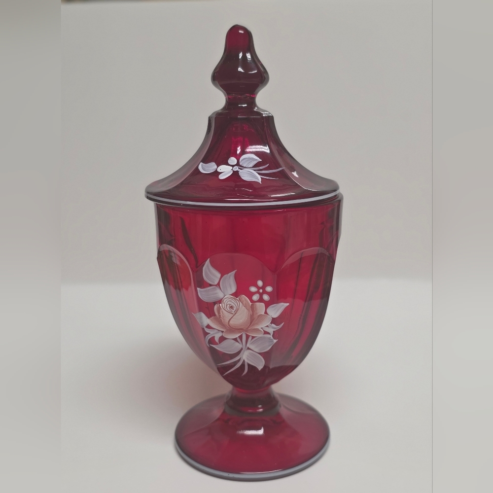 Westmoreland Red Glass Jar with Lid. Hand Painted, Signed, and dated.